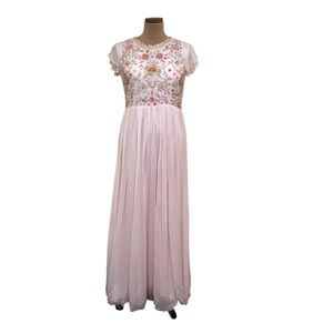 Vintage Formal Maxi Dress Size 6 Small Pastel Pink Floral Beaded Gown